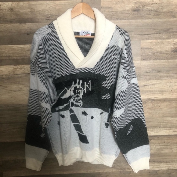 Vintage Shawl Collar Wool Blend Loose Fit Sweater Geometric Pattern Medium - Picture 2 of 11